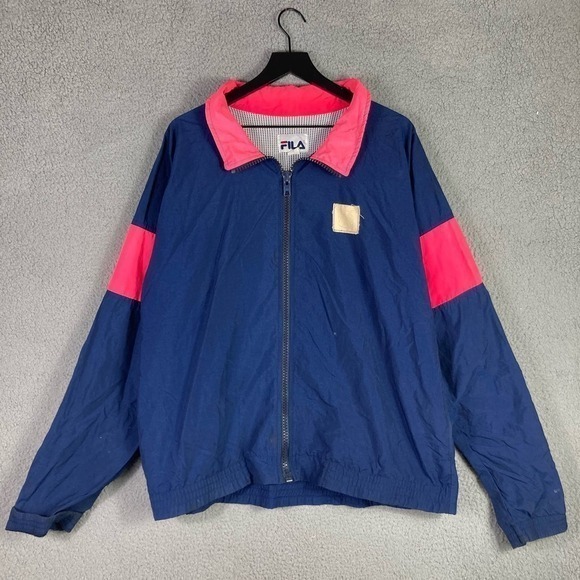 Vintage Fila Jacket Neon Pink Blue Made‎ in USA Large Full Zip Windbreaker 90s - Picture 5 of 15